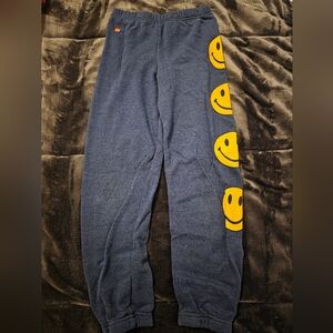 Aviator Nation Kids Joggers in Blue with Yellow Smiley Faces